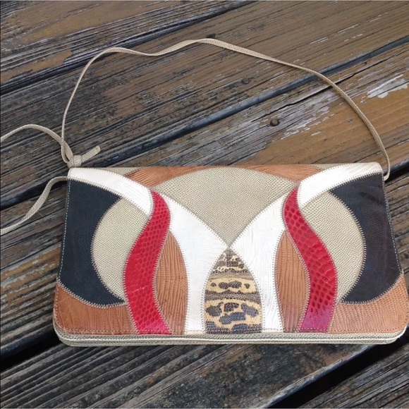 Vintage Handbags - Palizia Brown Leather Snakeskin Purse Envelope Clutch Patch Bag Vintage 70s 80s